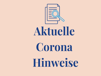 Aktuelle Hinweise zu Corona sind auf einem rosa Hintergrund mit Symbolen für Dokumente und eine Lupe dargestellt.