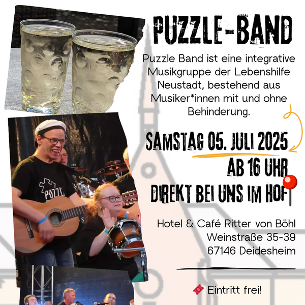 Die Puzzle-Band spielt am 5. Juli 2025 um 16 Uhr im Hotel Ritter von Böhl, Eintritt frei.